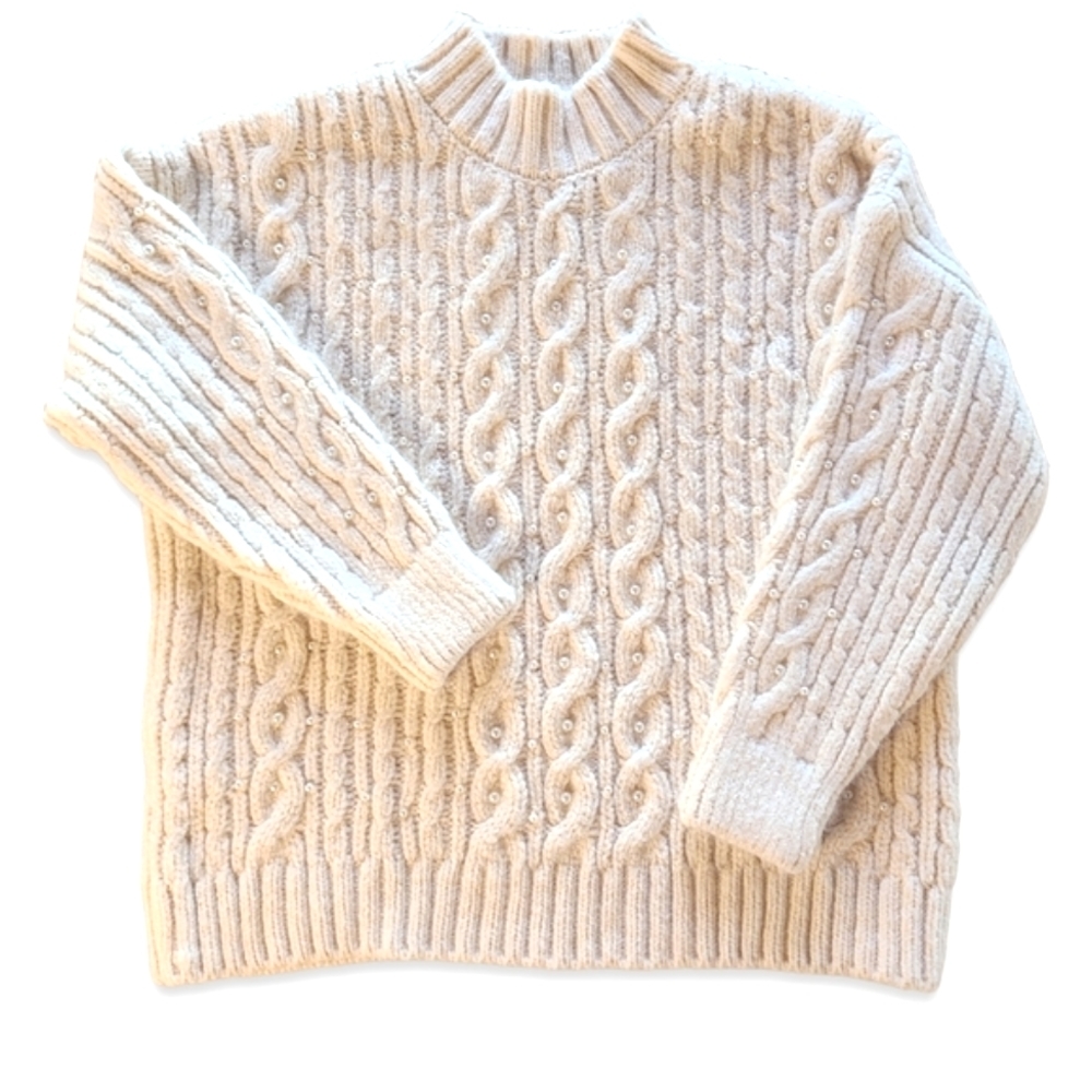 Mango White Chunky Oversized Cable Knit Sweater With Pearl Details - Size M
